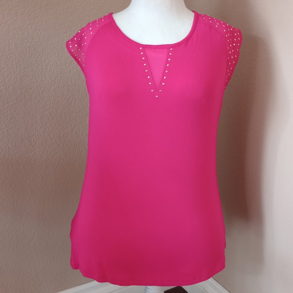 Belldini Women's Rhinestone Embellished Pink Cap Sleeve and Gold Back Zippe Top